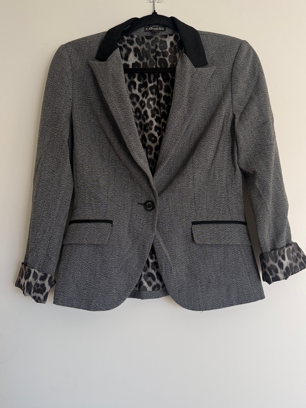 Express Gray Blazer with Black Collar and Leopard Lining